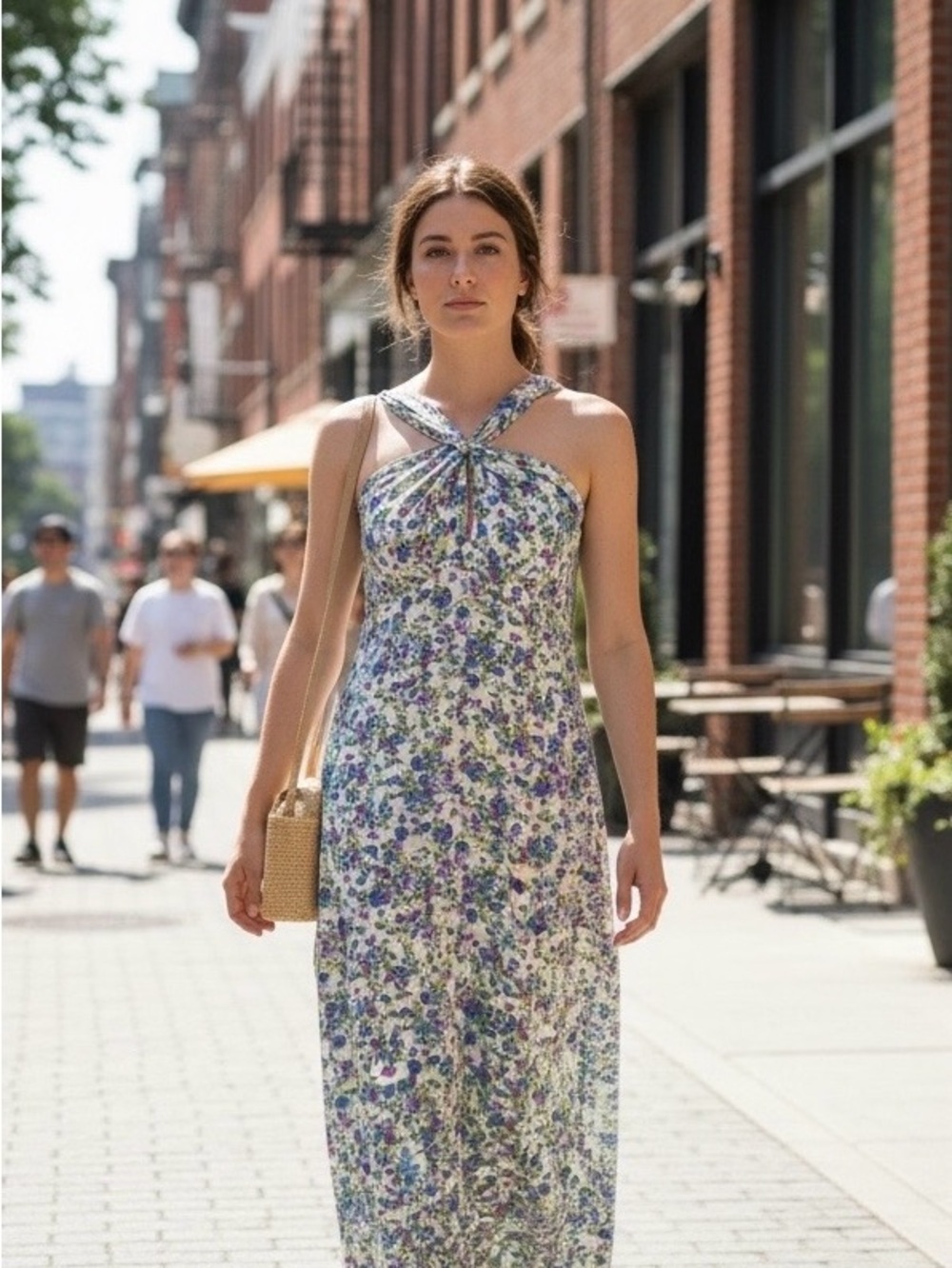 Nikki Rich Floral Halter Maxi Dress, Vintage Empire Waist Summer Dress Size L